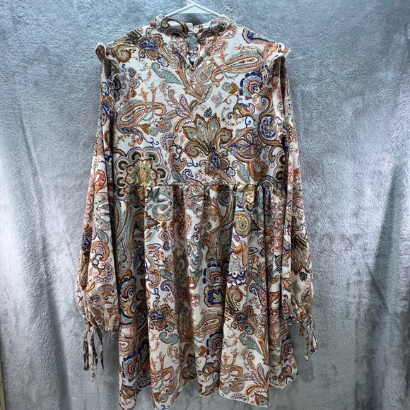 Boho Paisley Mock Neck Mini Dress Long Balloon Sleeve Ruffle Shoulder Babydoll - Picture 8 of 11